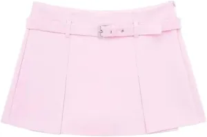 Women's Solid Color Pleated Mini Skirt with Belt Detail and Side Zipper - High Waist Fabric
