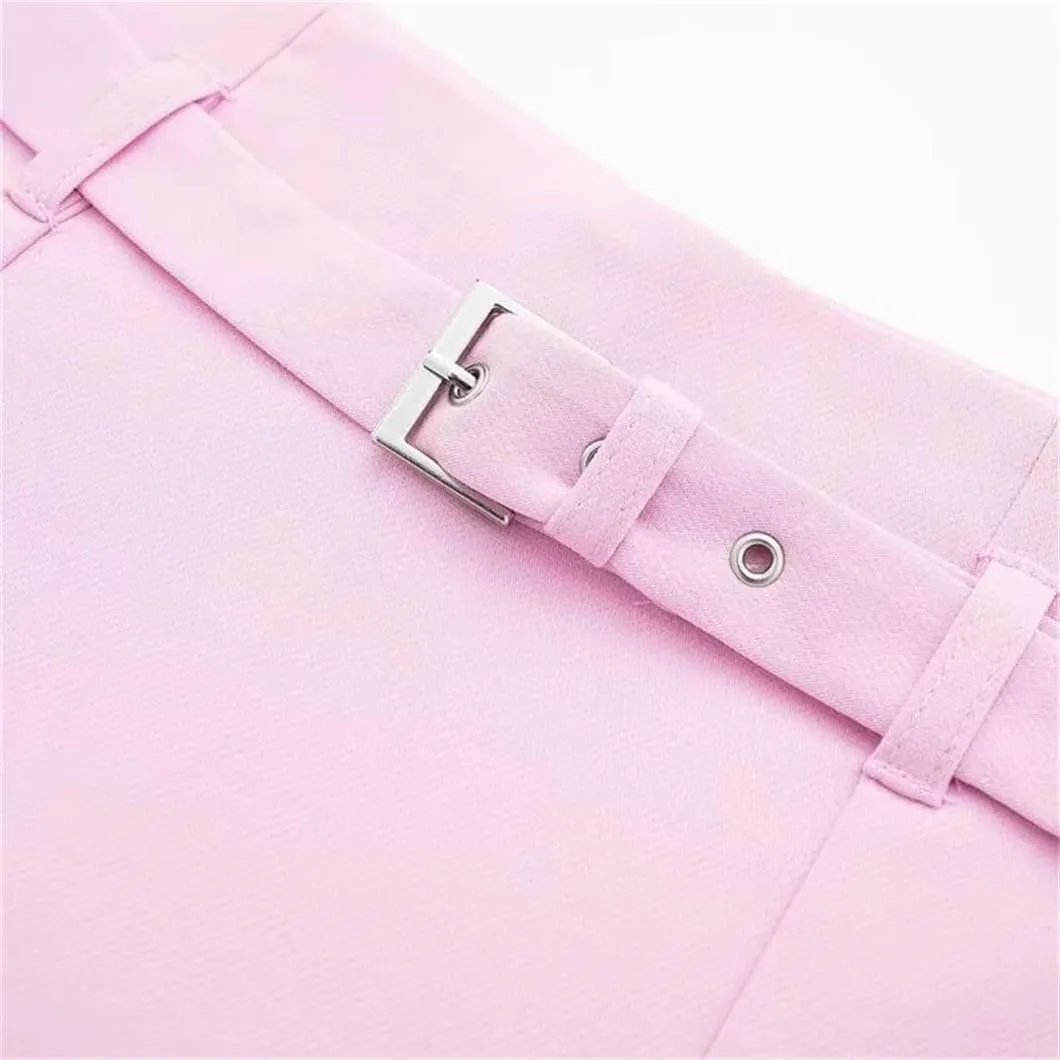 Women's Solid Color Pleated Mini Skirt with Belt Detail and Side Zipper - High Waist Fabric