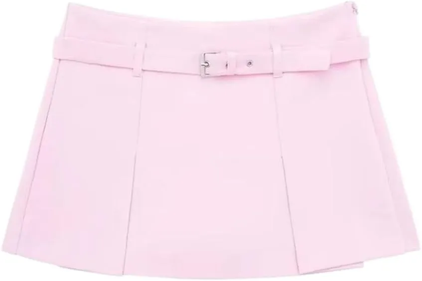 Women's Solid Color Pleated Mini Skirt with Belt Detail and Side Zipper - High Waist Fabric