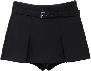 Women's Solid Color Pleated Mini Skirt with Belt Detail and Side Zipper - High Waist Fabric
