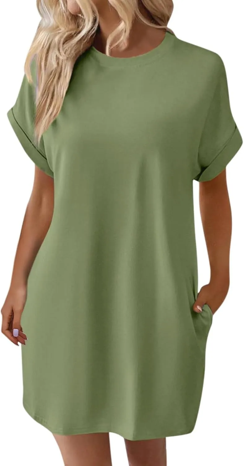 Women's Summer Dress Crewneck Short Sleeve Mini Dresses Batwing Casual Beach Vacation Tshirt Dresses with Pockets