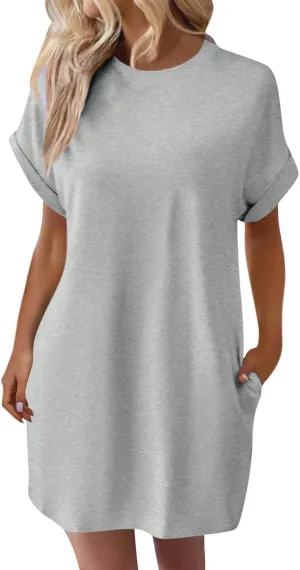 Women's Summer Dress Crewneck Short Sleeve Mini Dresses Batwing Casual Beach Vacation Tshirt Dresses with Pockets