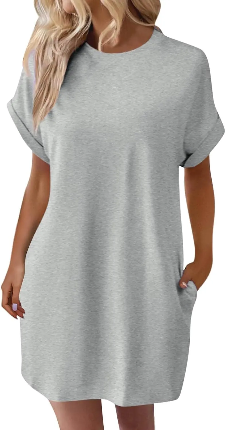 Women's Summer Dress Crewneck Short Sleeve Mini Dresses Batwing Casual Beach Vacation Tshirt Dresses with Pockets