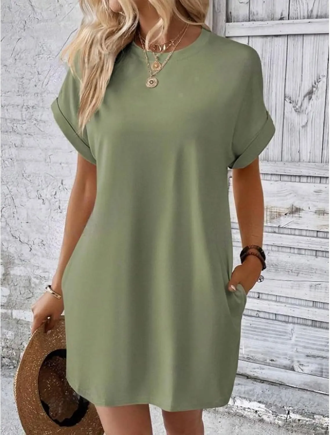 Women's Summer Dress Crewneck Short Sleeve Mini Dresses Batwing Casual Beach Vacation Tshirt Dresses with Pockets