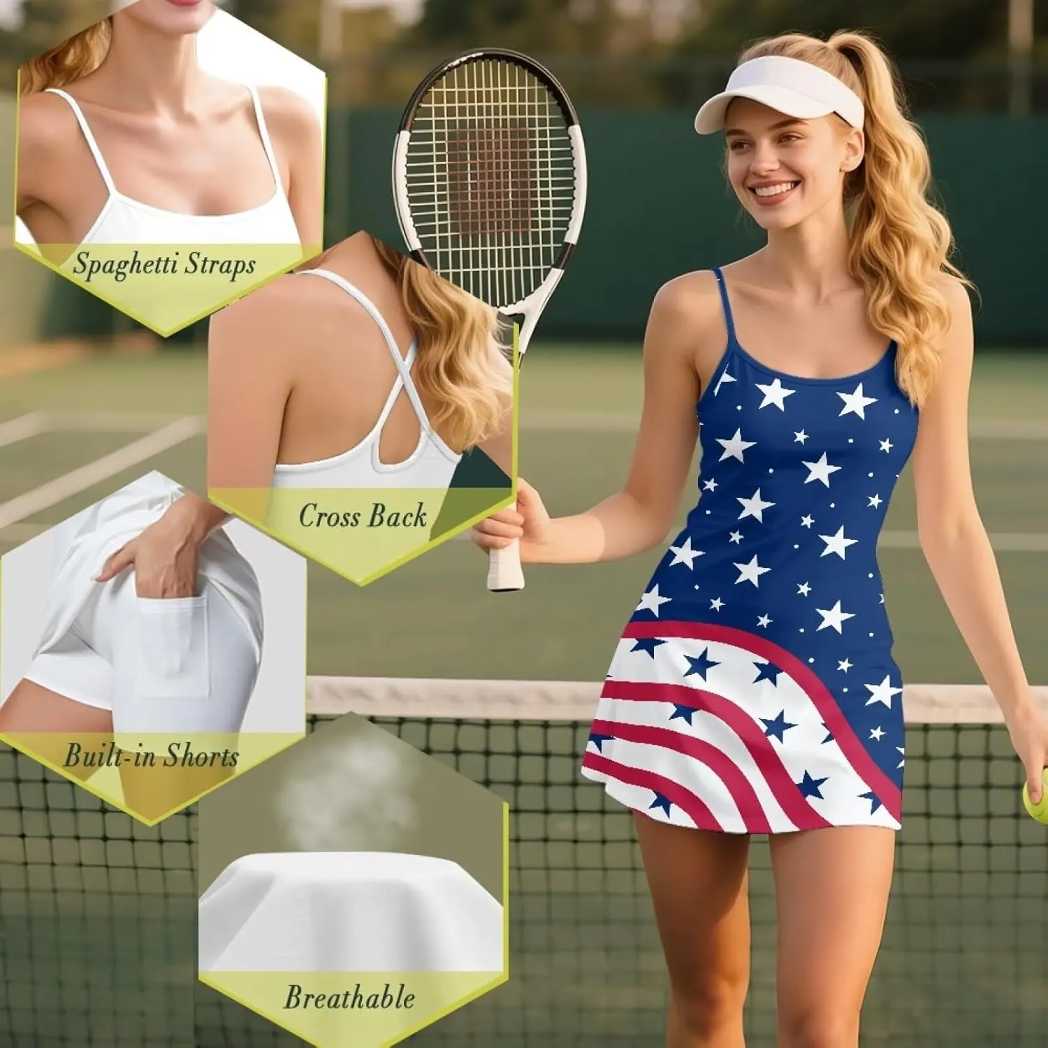 Women's Tennis Dress with Built-in Shorts Workout Backless Golf Activewear Exercise Dresses with Pockets