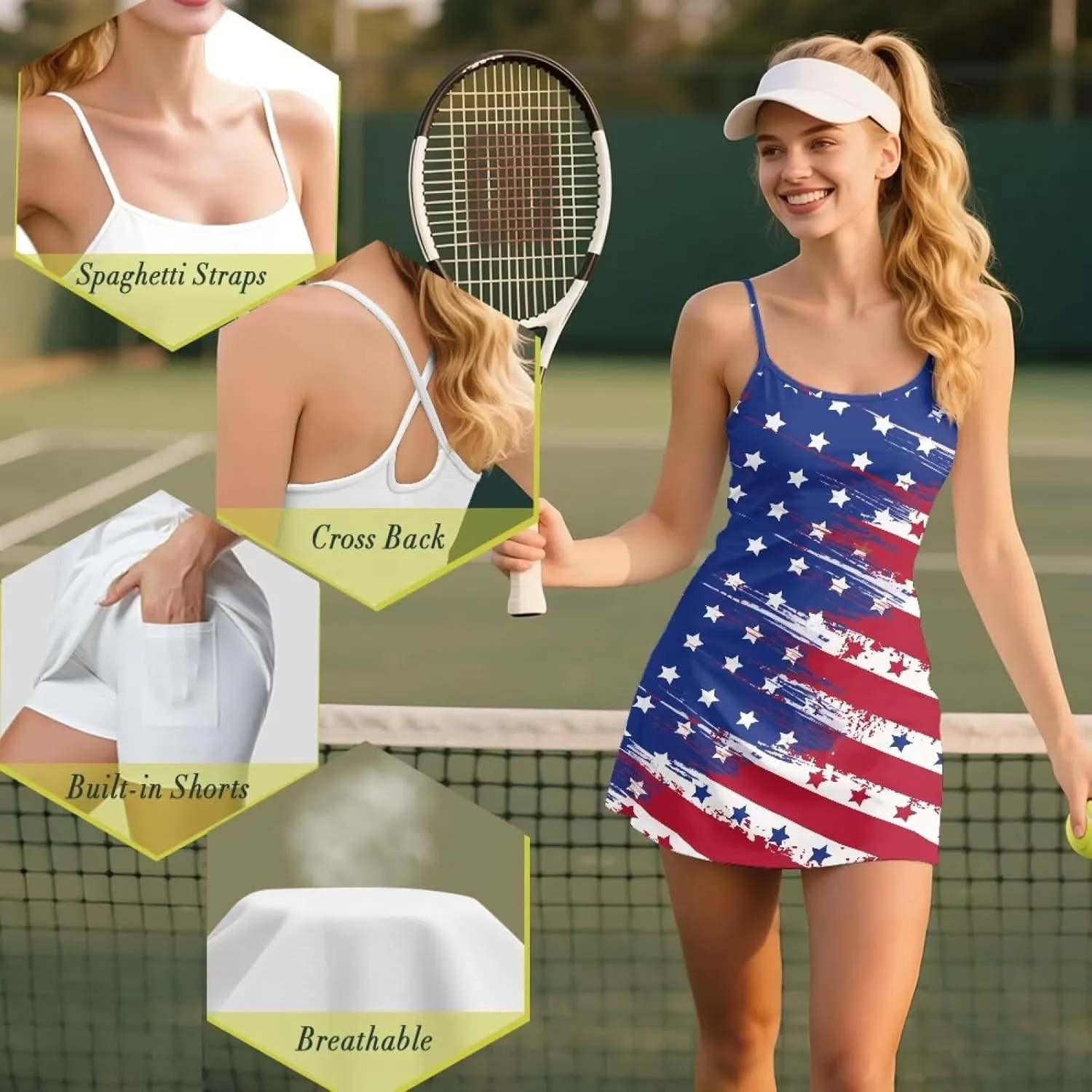 Women's Tennis Dress with Built-in Shorts Workout Backless Golf Activewear Exercise Dresses with Pockets