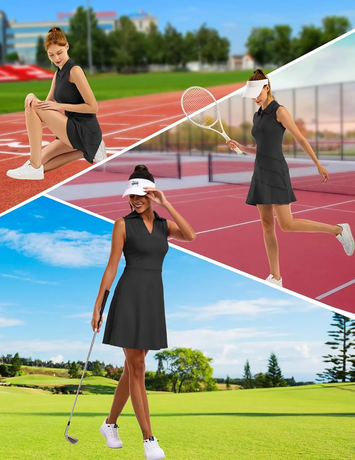 Women's Tennis Golf Dresses Zipper V-Neck Sport Activewear with Shorts and Pocket Workout Athletic