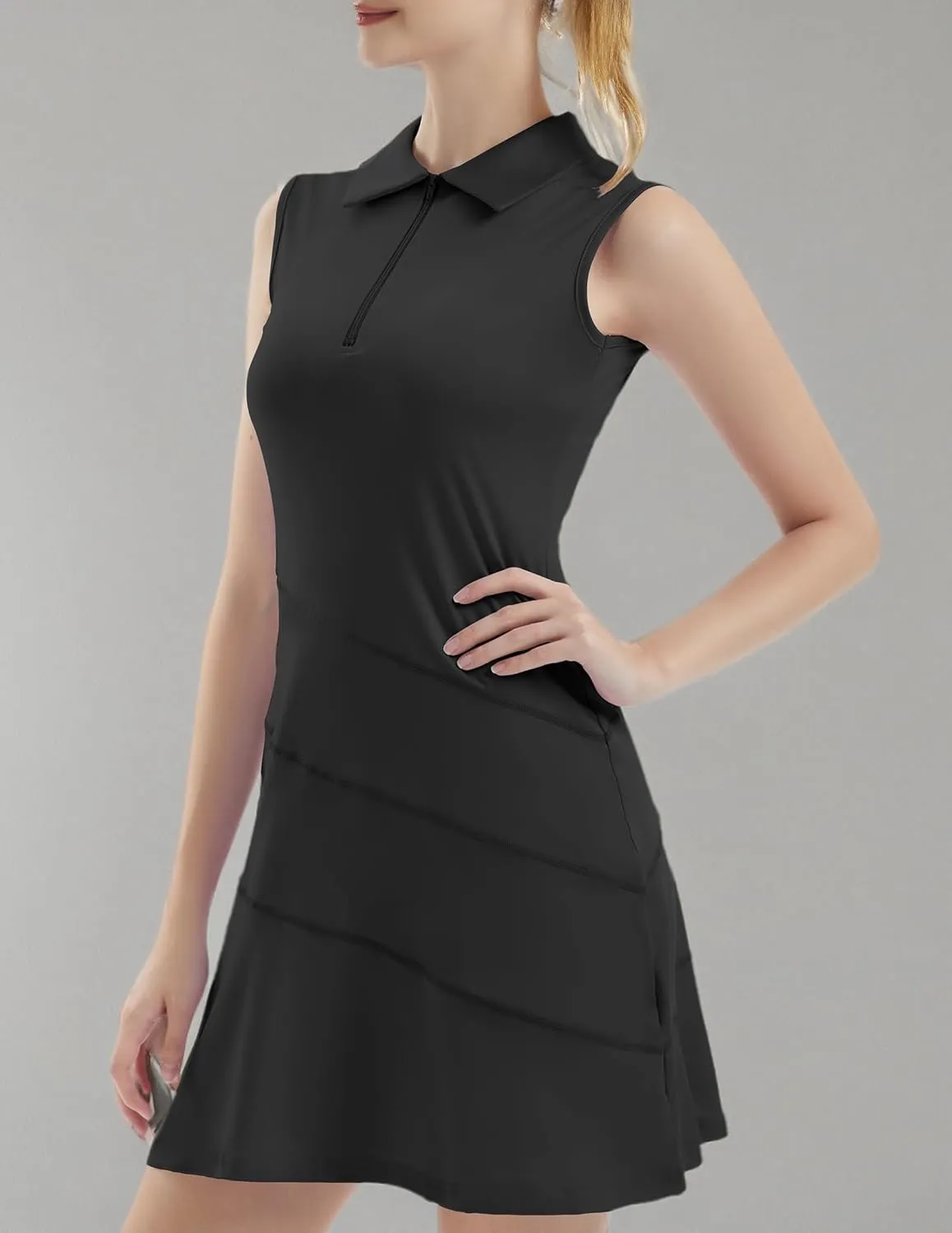 Women's Tennis Golf Dresses Zipper V-Neck Sport Activewear with Shorts and Pocket Workout Athletic