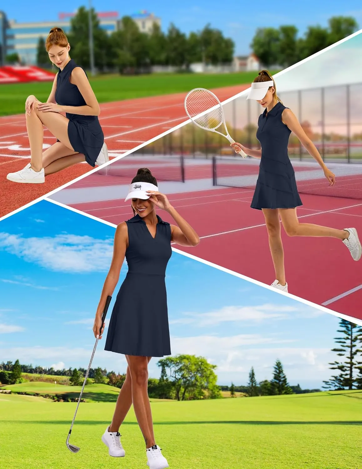 Women's Tennis Golf Dresses Zipper V-Neck Sport Activewear with Shorts and Pocket Workout Athletic