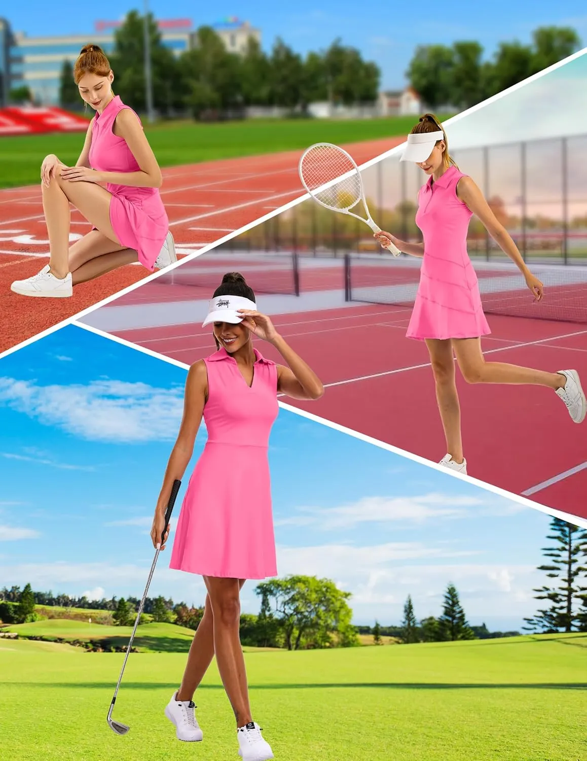Women's Tennis Golf Dresses Zipper V-Neck Sport Activewear with Shorts and Pocket Workout Athletic