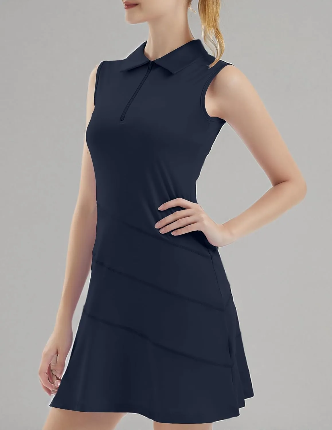 Women's Tennis Golf Dresses Zipper V-Neck Sport Activewear with Shorts and Pocket Workout Athletic
