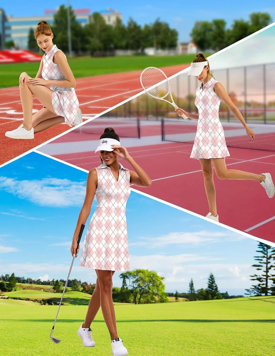 Women's Tennis Golf Dresses Zipper V-Neck Sport Activewear with Shorts and Pocket Workout Athletic