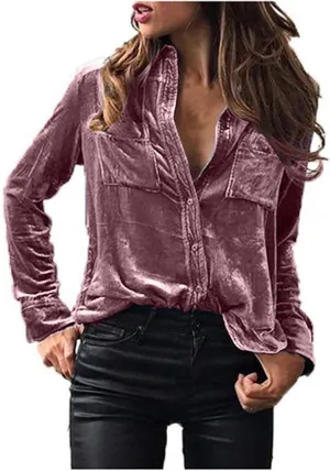 Women's Velvet Button Dwon Shirts Solid Color Lapel Long Sleeved Gold Velvet Shirt Tops Velour T Shirt