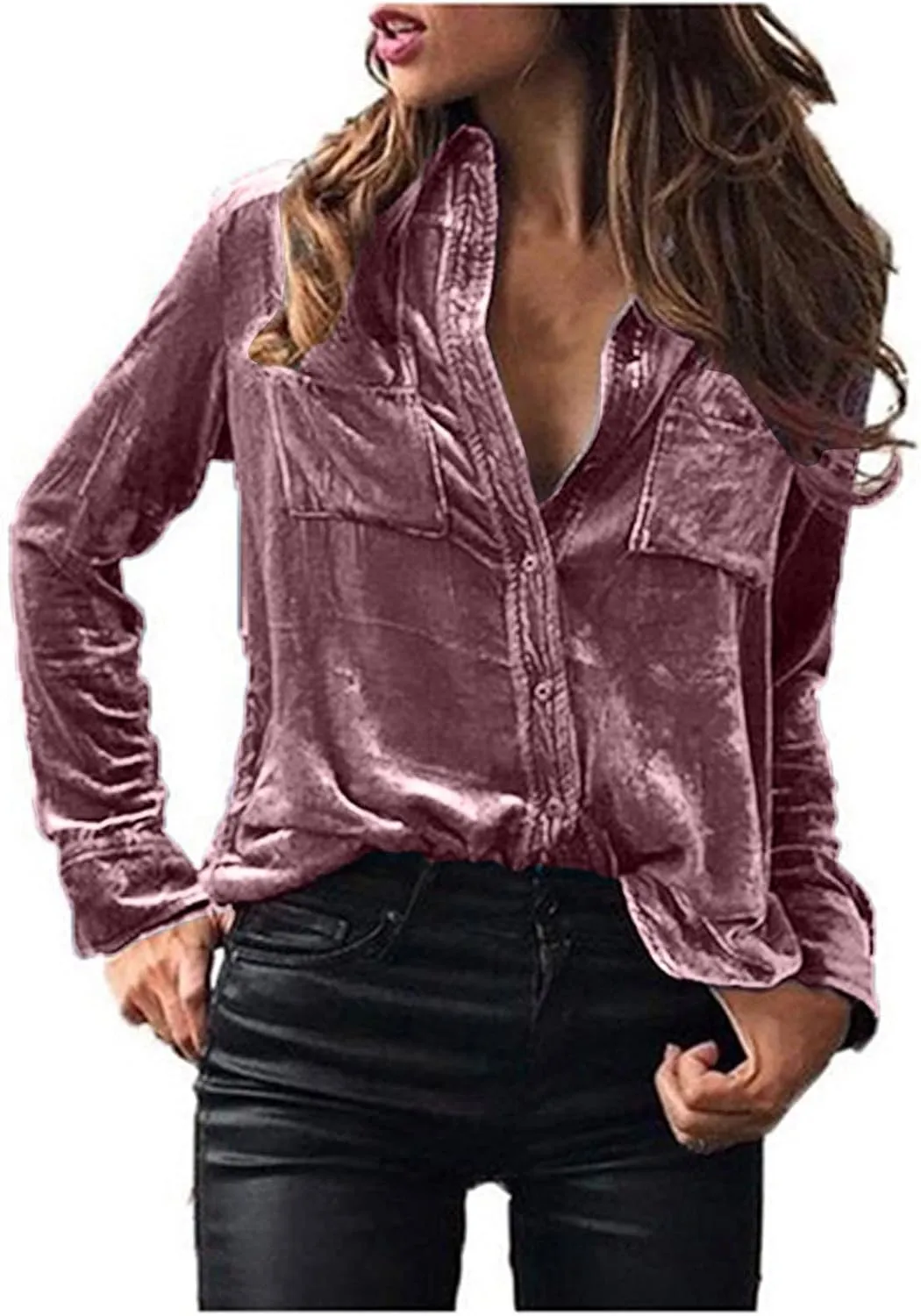 Women's Velvet Button Dwon Shirts Solid Color Lapel Long Sleeved Gold Velvet Shirt Tops Velour T Shirt