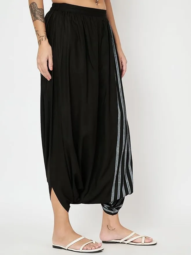 Women's Viscose Border Block Printed Drop-Crotch Dhoti Salwar Harem Pants for Ethnic Casual Fusionwear Workwear