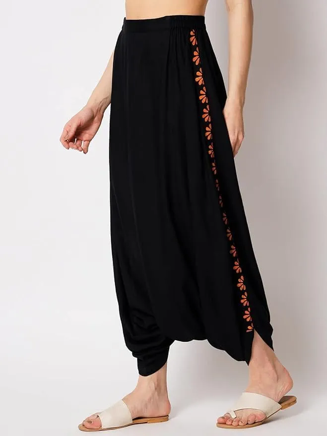 Women's Viscose Border Block Printed Drop-Crotch Dhoti Salwar Harem Pants for Ethnic Casual Fusionwear Workwear