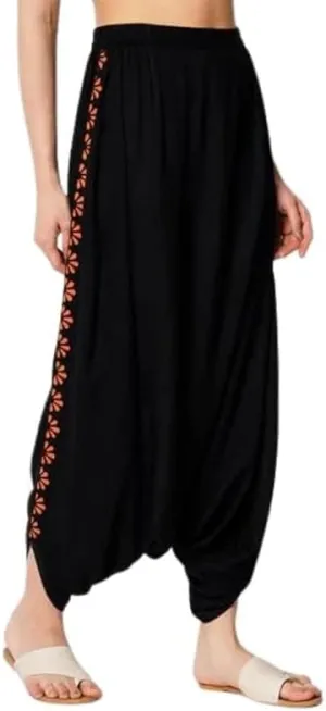 Women's Viscose Border Block Printed Drop-Crotch Dhoti Salwar Harem Pants for Ethnic Casual Fusionwear Workwear