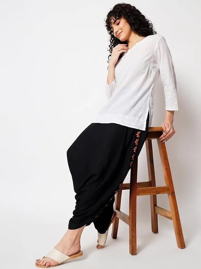 Women's Viscose Border Block Printed Drop-Crotch Dhoti Salwar Harem Pants for Ethnic Casual Fusionwear Workwear
