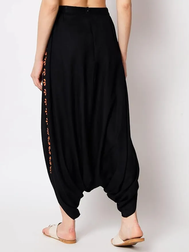 Women's Viscose Border Block Printed Drop-Crotch Dhoti Salwar Harem Pants for Ethnic Casual Fusionwear Workwear