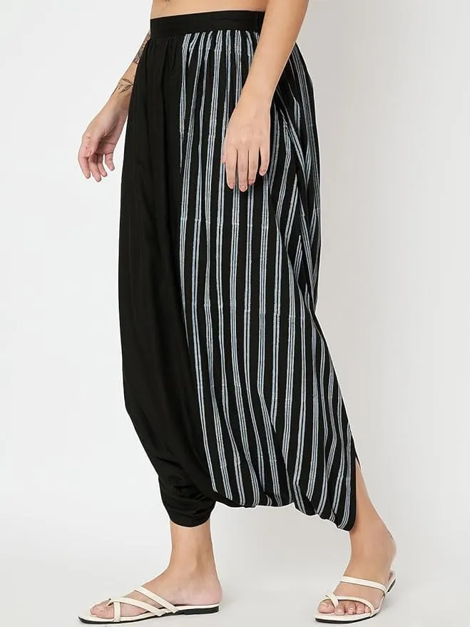 Women's Viscose Border Block Printed Drop-Crotch Dhoti Salwar Harem Pants for Ethnic Casual Fusionwear Workwear