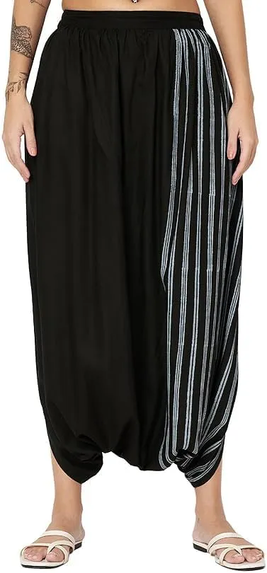 Women's Viscose Border Block Printed Drop-Crotch Dhoti Salwar Harem Pants for Ethnic Casual Fusionwear Workwear