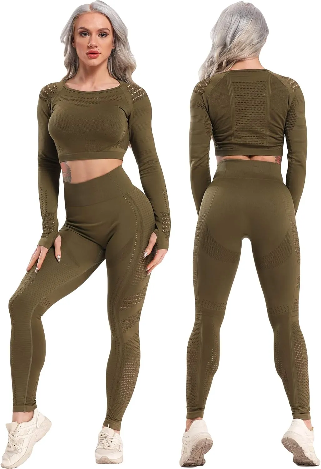 Women's Workout Outfit 2 Pieces Seamless High Waist Yoga Leggings with Long Sleeve Crop Top Gym Clothes Set