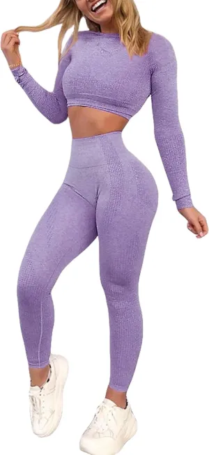 Women's Workout Outfit 2 Pieces Seamless High Waist Yoga Leggings with Long Sleeve Crop Top Gym Clothes Set