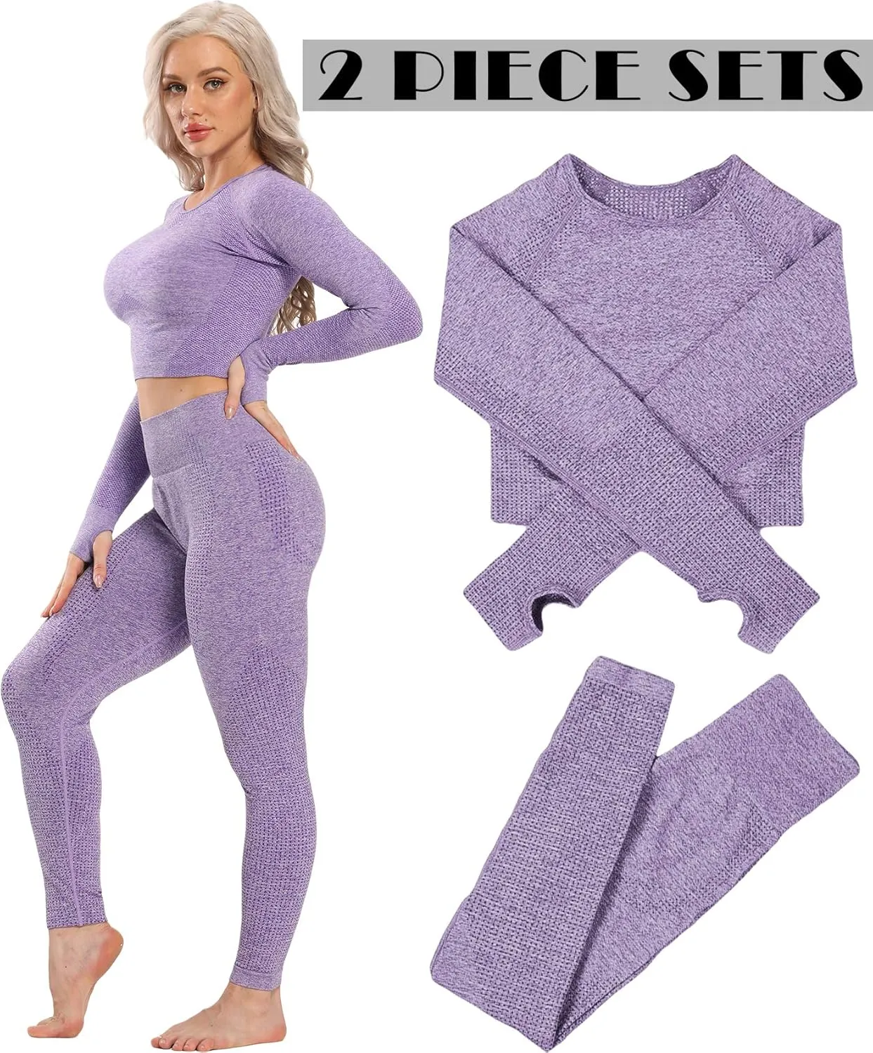 Women's Workout Outfit 2 Pieces Seamless High Waist Yoga Leggings with Long Sleeve Crop Top Gym Clothes Set