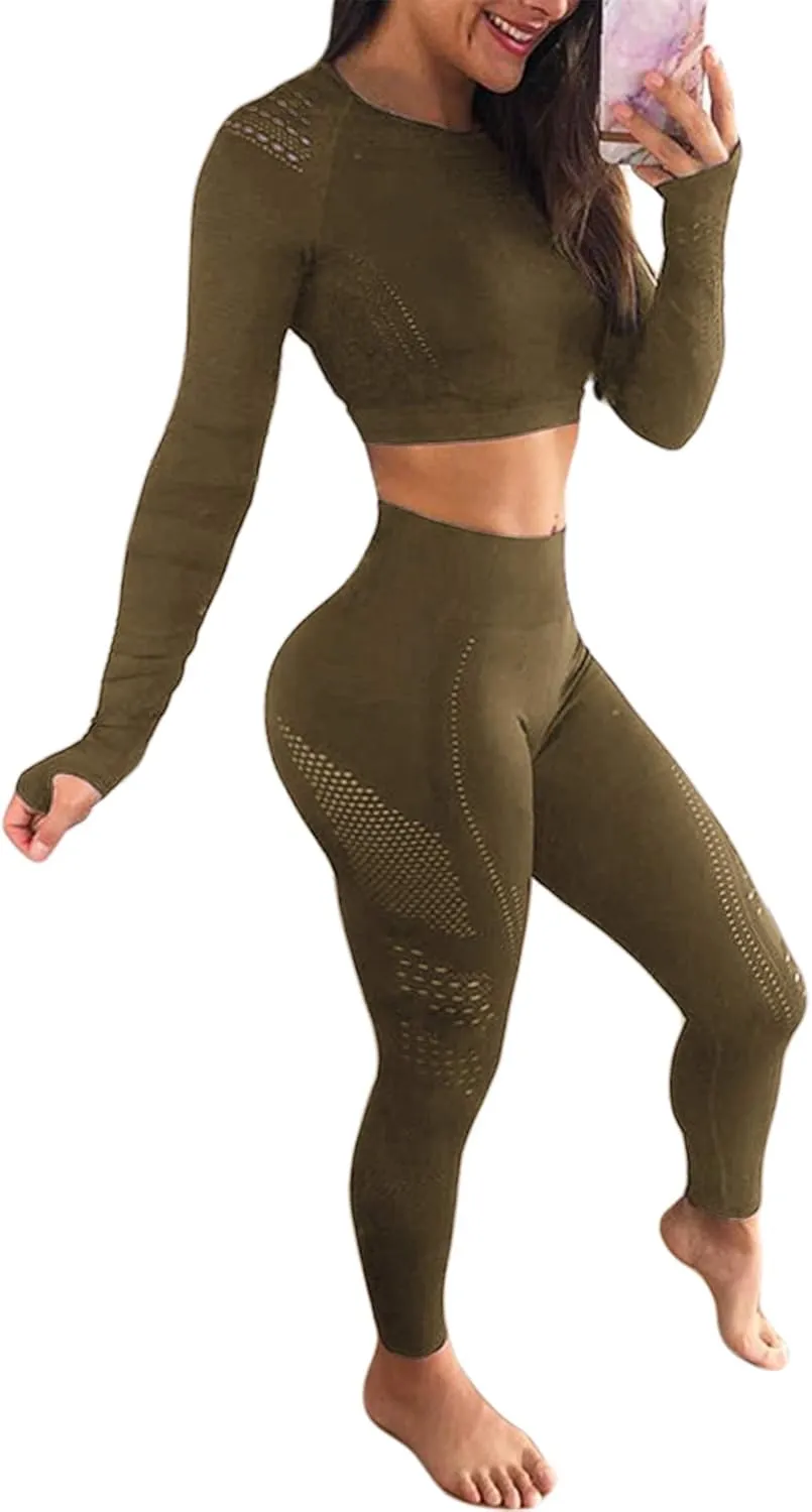 Women's Workout Outfit 2 Pieces Seamless High Waist Yoga Leggings with Long Sleeve Crop Top Gym Clothes Set