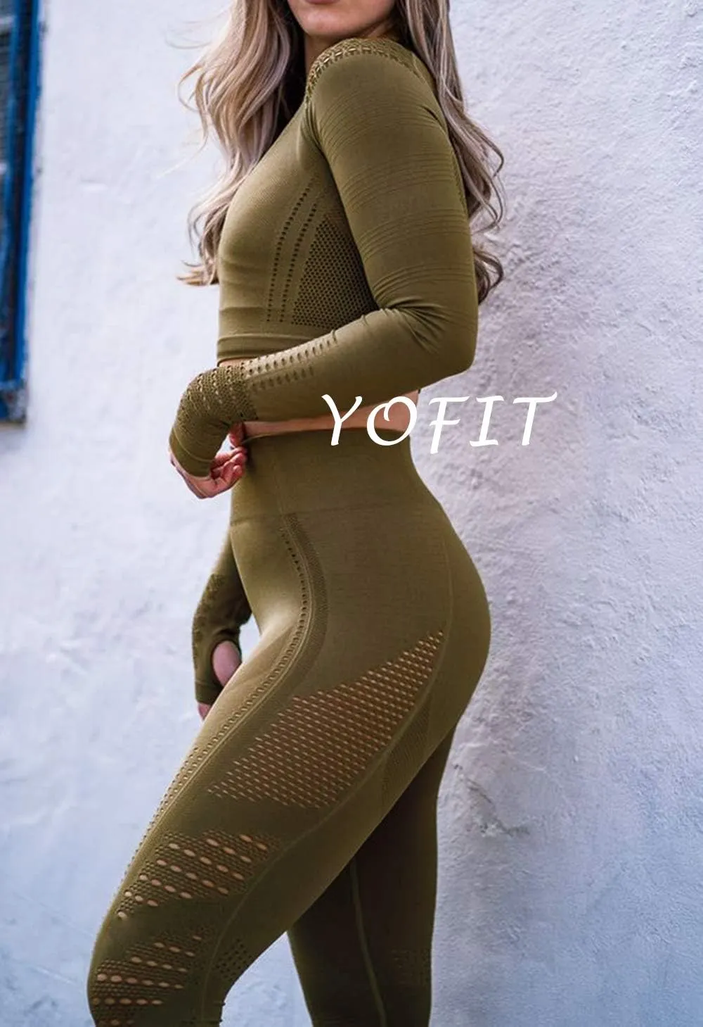 Women's Workout Outfit 2 Pieces Seamless High Waist Yoga Leggings with Long Sleeve Crop Top Gym Clothes Set