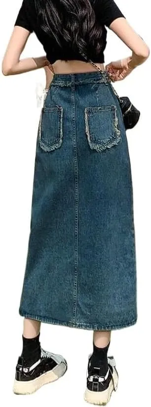 Women'sIrregular Split Denim Skirt High Waisted Thin Denim Wrap Skirts Slim Fitting Spring Summer Straight