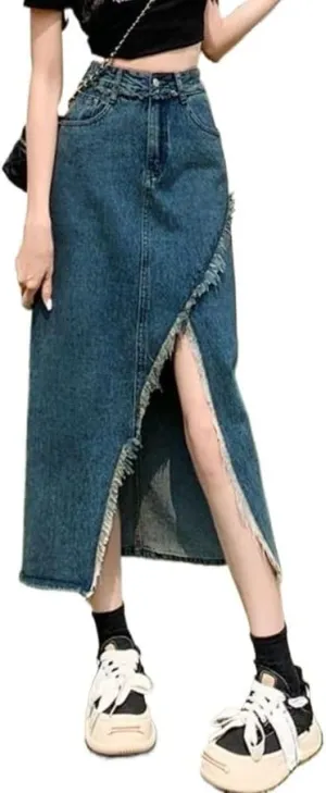Women'sIrregular Split Denim Skirt High Waisted Thin Denim Wrap Skirts Slim Fitting Spring Summer Straight
