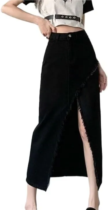 Women'sIrregular Split Denim Skirt High Waisted Thin Denim Wrap Skirts Slim Fitting Spring Summer Straight