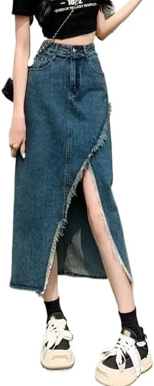 Women'sIrregular Split Denim Skirt High Waisted Thin Denim Wrap Skirts Slim Fitting Spring Summer Straight