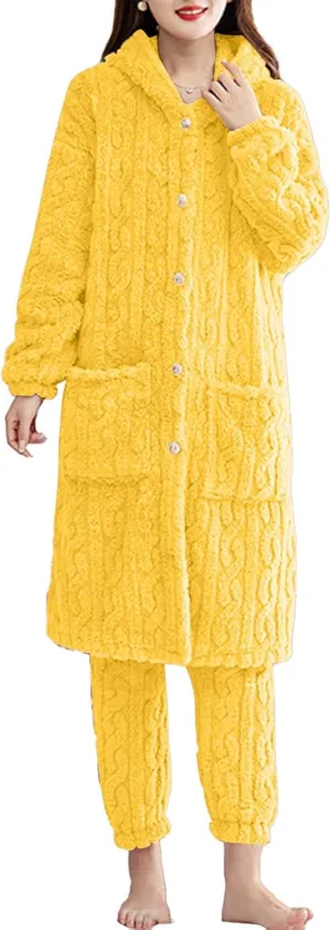 XUNRYAN Two Piece Outfits Women's Fuzzy Fleece Sherpa Jacket Hooded Pajama Set Mid Long Coat Plush Pants Loungewear sets