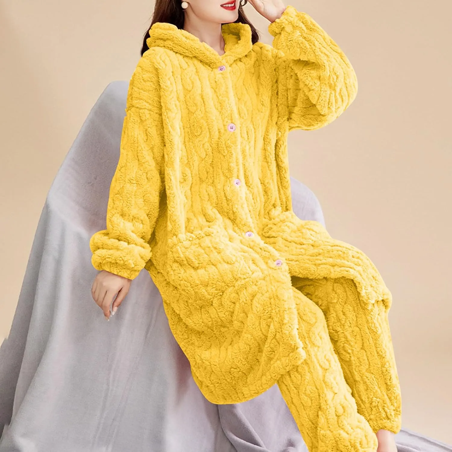 XUNRYAN Two Piece Outfits Women's Fuzzy Fleece Sherpa Jacket Hooded Pajama Set Mid Long Coat Plush Pants Loungewear sets