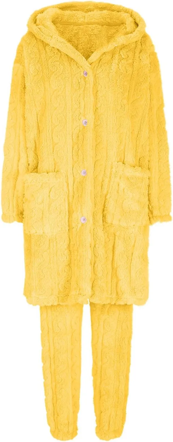 XUNRYAN Two Piece Outfits Women's Fuzzy Fleece Sherpa Jacket Hooded Pajama Set Mid Long Coat Plush Pants Loungewear sets