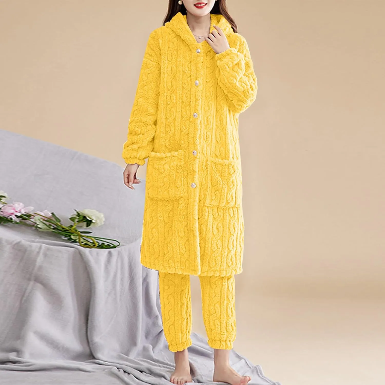 XUNRYAN Two Piece Outfits Women's Fuzzy Fleece Sherpa Jacket Hooded Pajama Set Mid Long Coat Plush Pants Loungewear sets