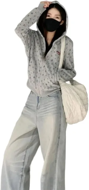 Y2K Hoodie Sweatshirt Women Clothing Harajuku Floral Print Cardigan Long Sleeves Vintage Casual Oversize Ladies Tops