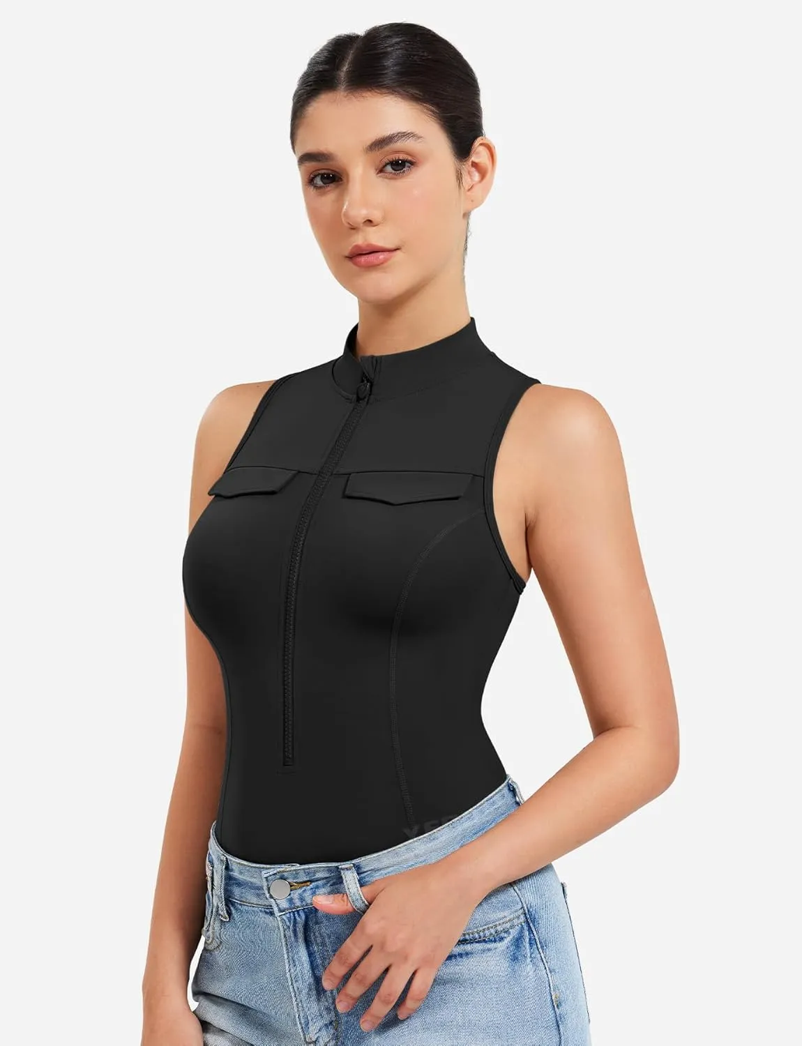 YEOREO CoreFlex Workout Sexy Bodysuits for Women Sleeveless Mock Neck Zip Up Cargo Jumpsuit One Piece Thong Bodysuit Tops