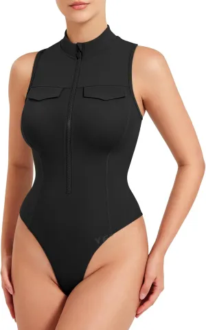 YEOREO CoreFlex Workout Sexy Bodysuits for Women Sleeveless Mock Neck Zip Up Cargo Jumpsuit One Piece Thong Bodysuit Tops