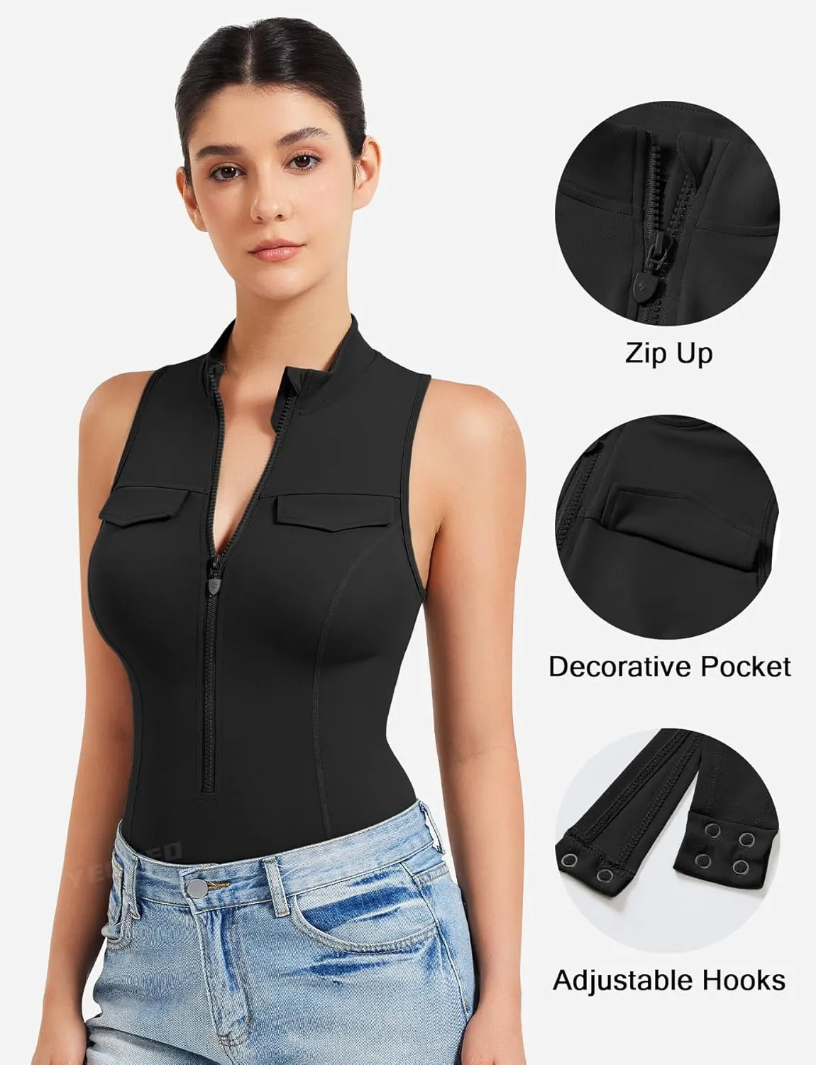 YEOREO CoreFlex Workout Sexy Bodysuits for Women Sleeveless Mock Neck Zip Up Cargo Jumpsuit One Piece Thong Bodysuit Tops