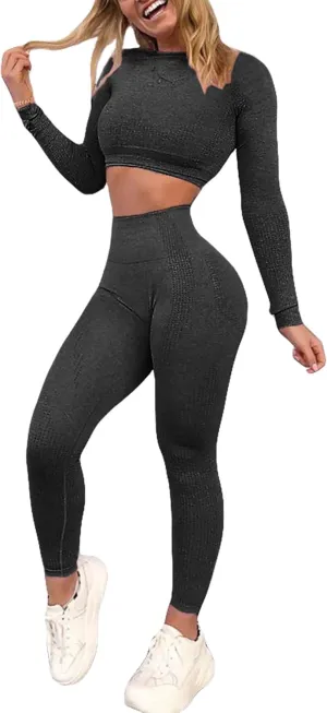 YOFIT Women's Workout 2 Pieces Seamless High Waist Yoga Legging Long Sleeve Crop Top Gym Set Outfit, Black, X-Large