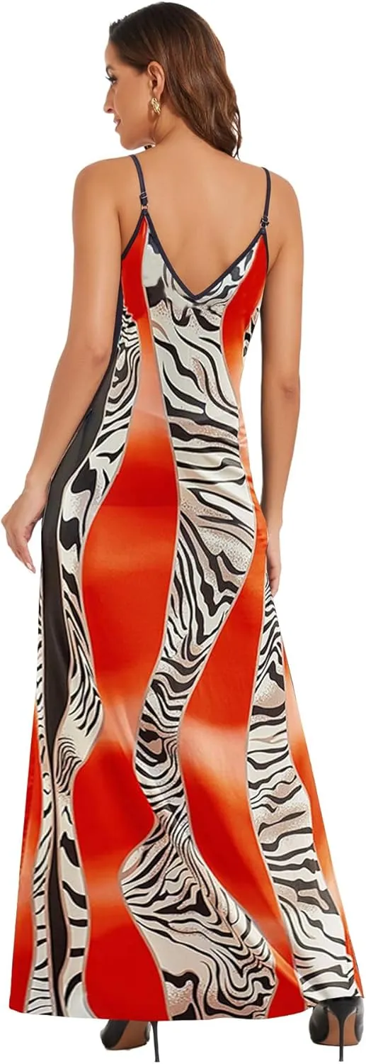 ZonJie Plus Size Maxi Dresses Sundress for Women Loose Printed Adjustable African Beach Dress with Pockets
