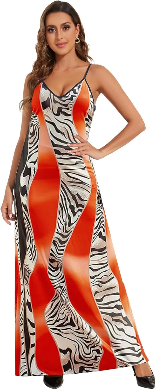 ZonJie Plus Size Maxi Dresses Sundress for Women Loose Printed Adjustable African Beach Dress with Pockets