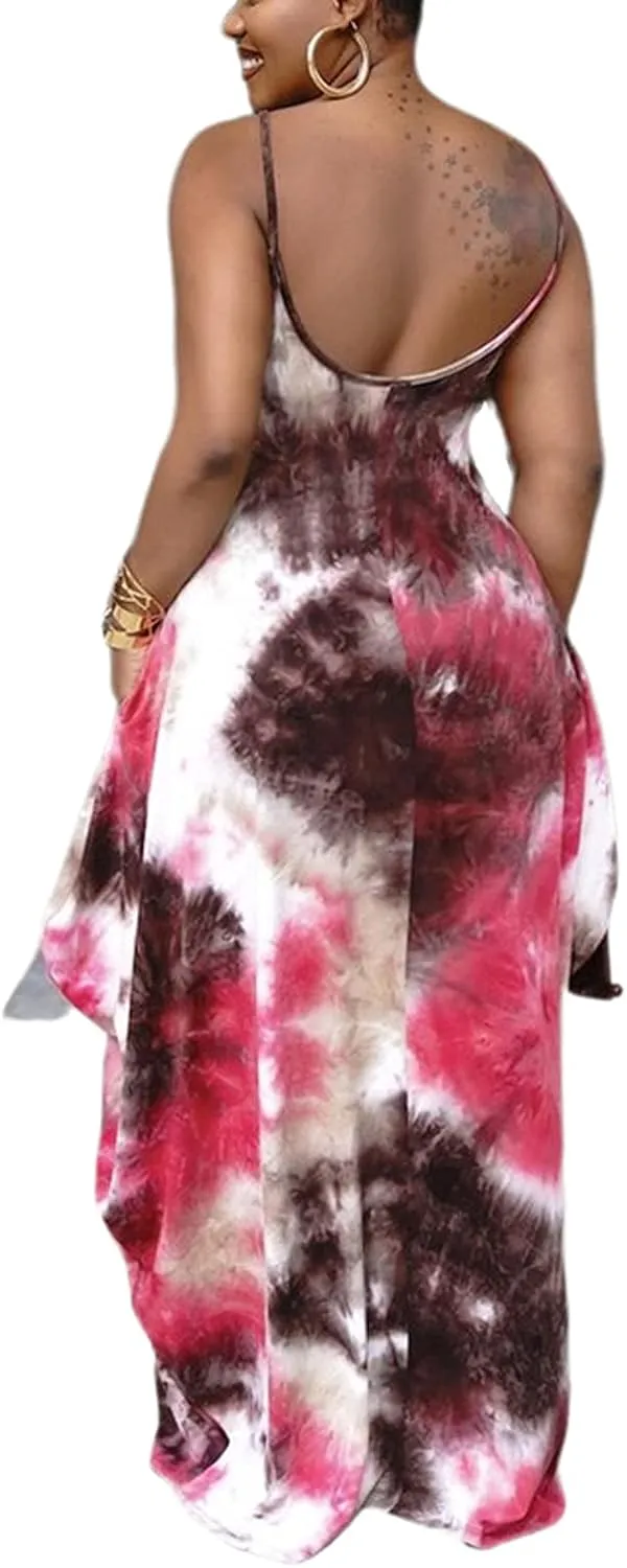 ZonJie Women Casual Bohemian Floral Printed Maxi Dresses Loose V-Neck Adjustable Spaghetti Strap Floor Length Plus Size Dress