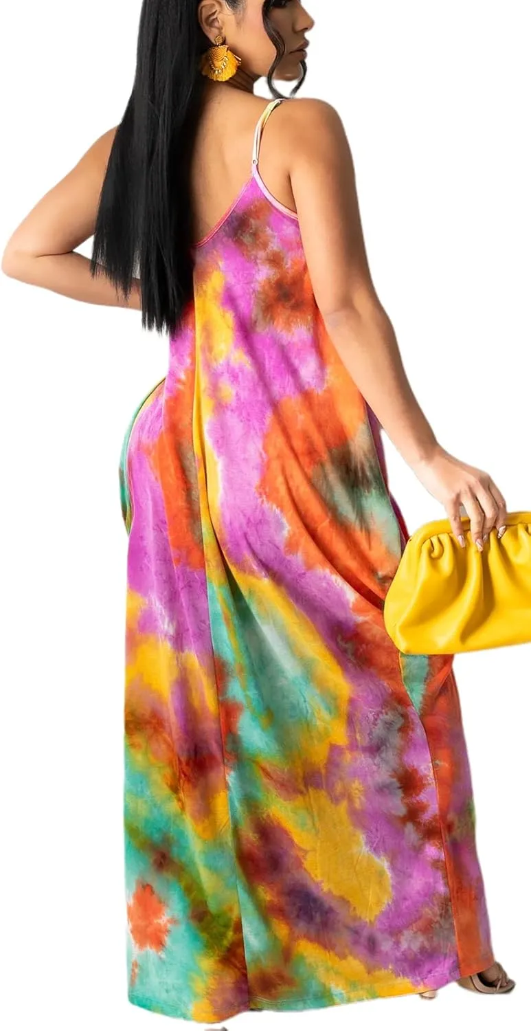 ZonJie Women Casual Bohemian Floral Printed Maxi Dresses Loose V-Neck Adjustable Spaghetti Strap Floor Length Plus Size Dress