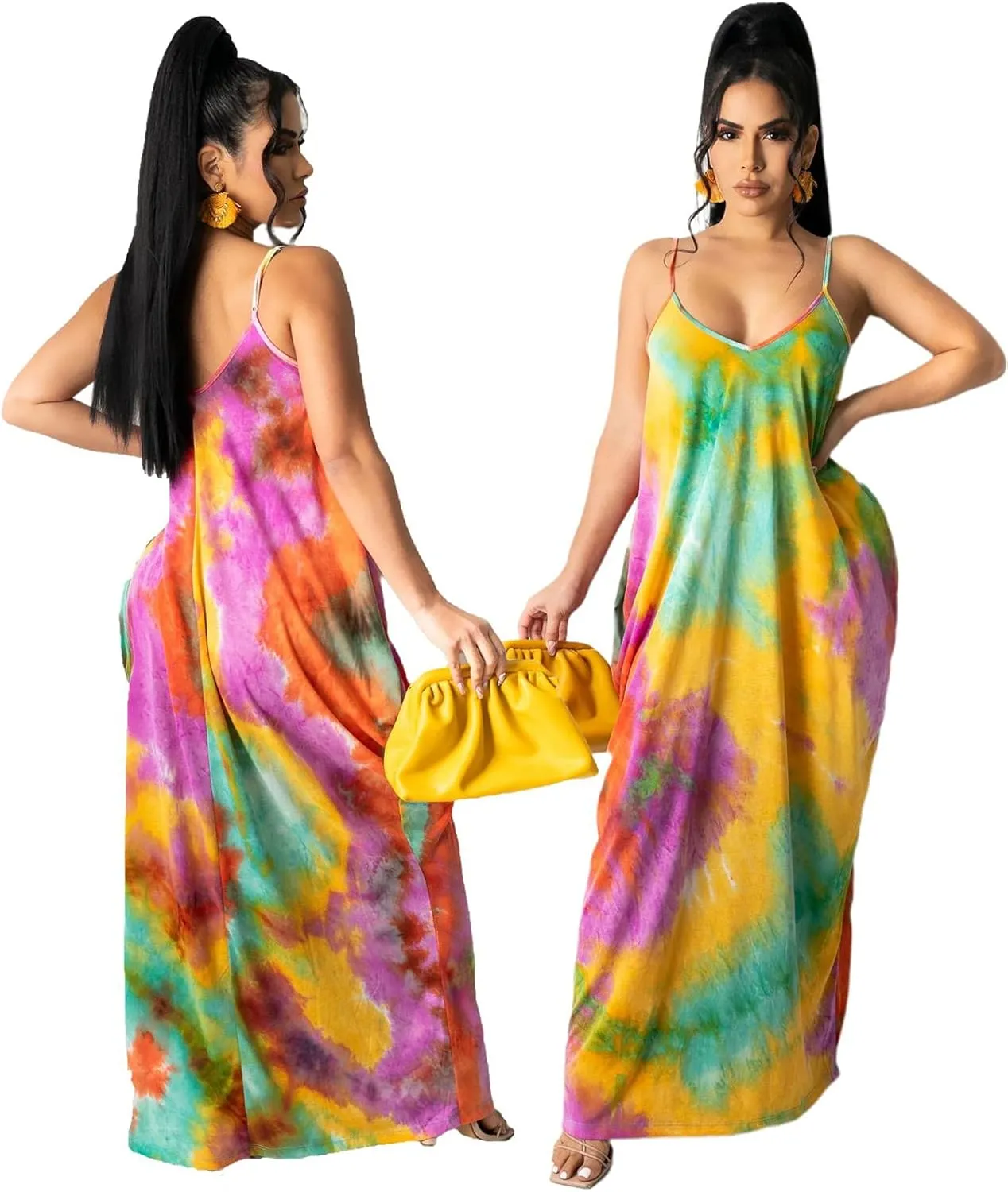ZonJie Women Casual Bohemian Floral Printed Maxi Dresses Loose V-Neck Adjustable Spaghetti Strap Floor Length Plus Size Dress