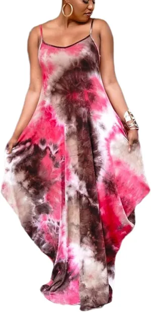 ZonJie Women Casual Bohemian Floral Printed Maxi Dresses Loose V-Neck Adjustable Spaghetti Strap Floor Length Plus Size Dress